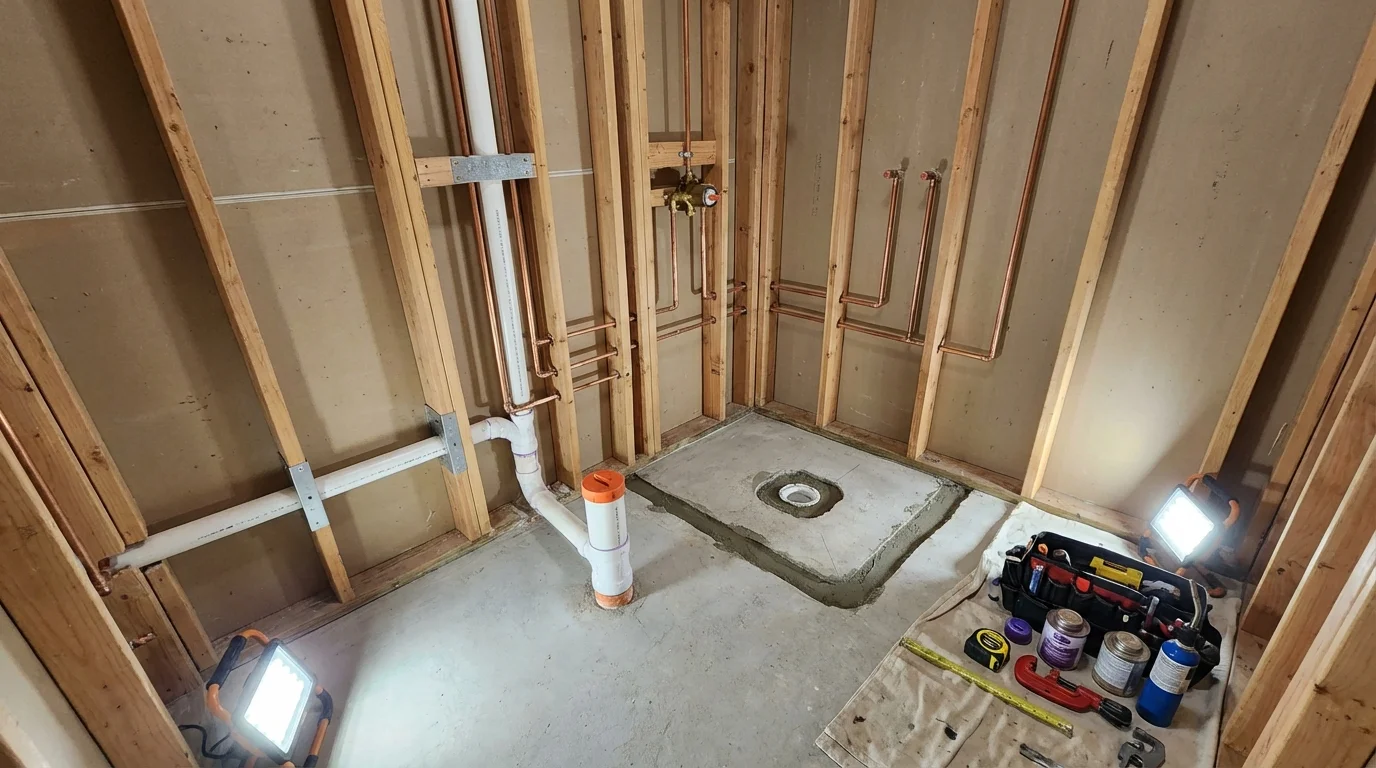 Bathroom rough-in plumbing during remodel by Johns Plumbing LLC in Twin Lakes