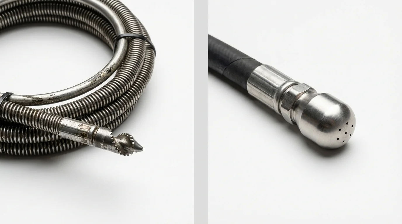 Drain snake cable and hydro jetting nozzle used for drain cleaning in Twin Lakes, WI
