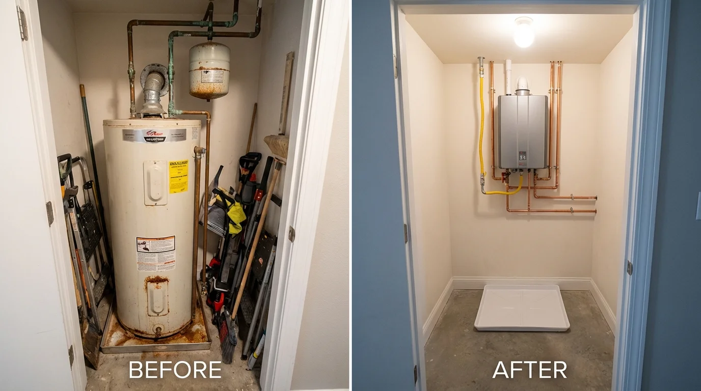 Tank water heater versus wall-mounted tankless unit comparison for Twin Lakes, WI homeowners