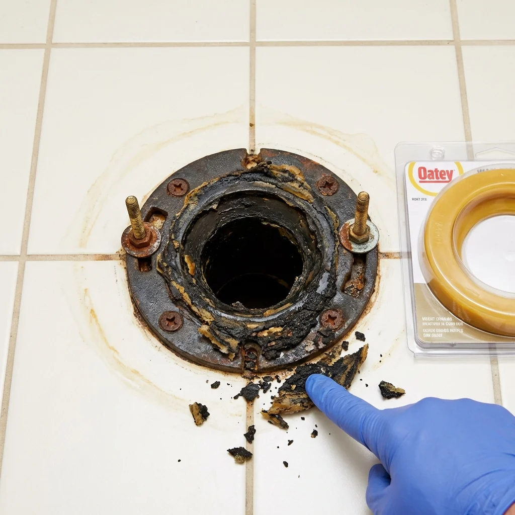 Failed wax ring showing water seepage at the base of a toilet in a Twin Lakes, WI home