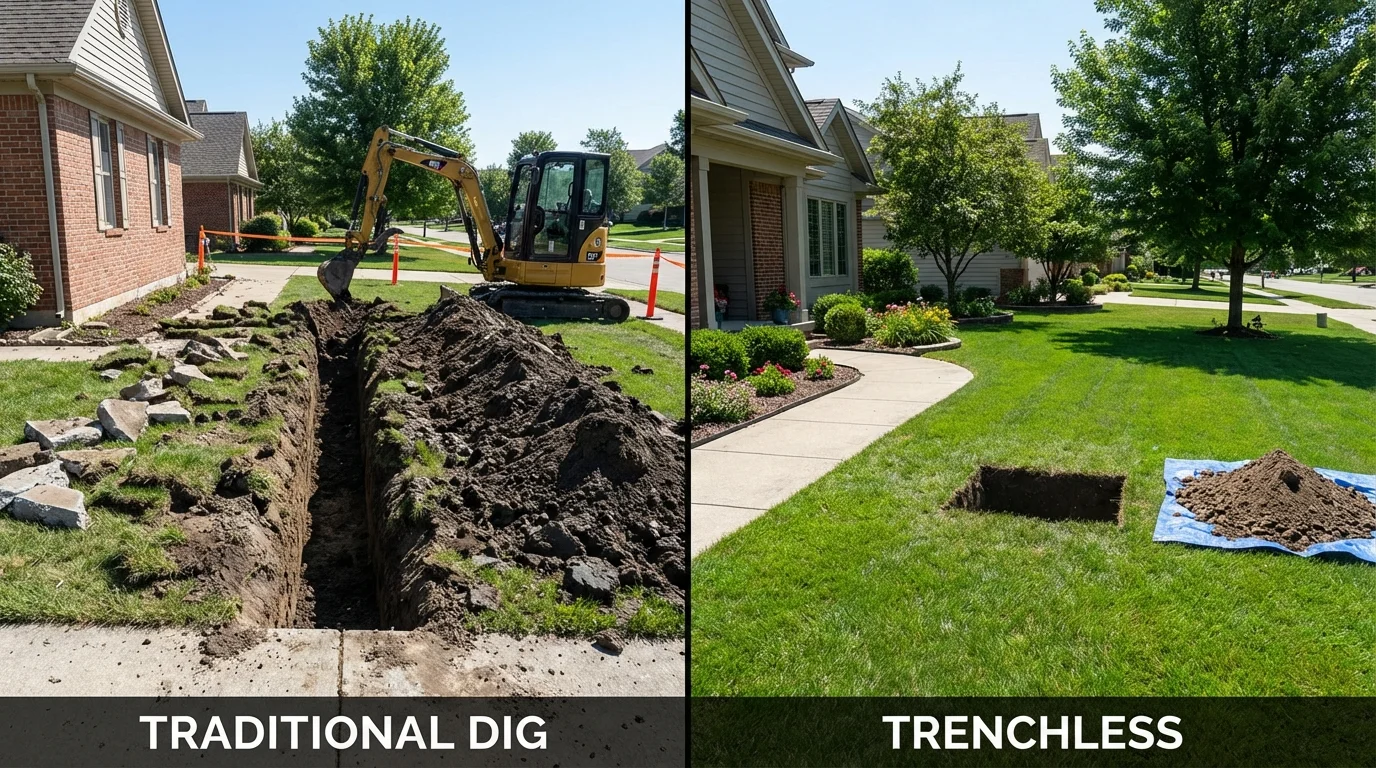 Trenchless sewer repair with minimal yard damage versus traditional excavation in Twin Lakes, WI