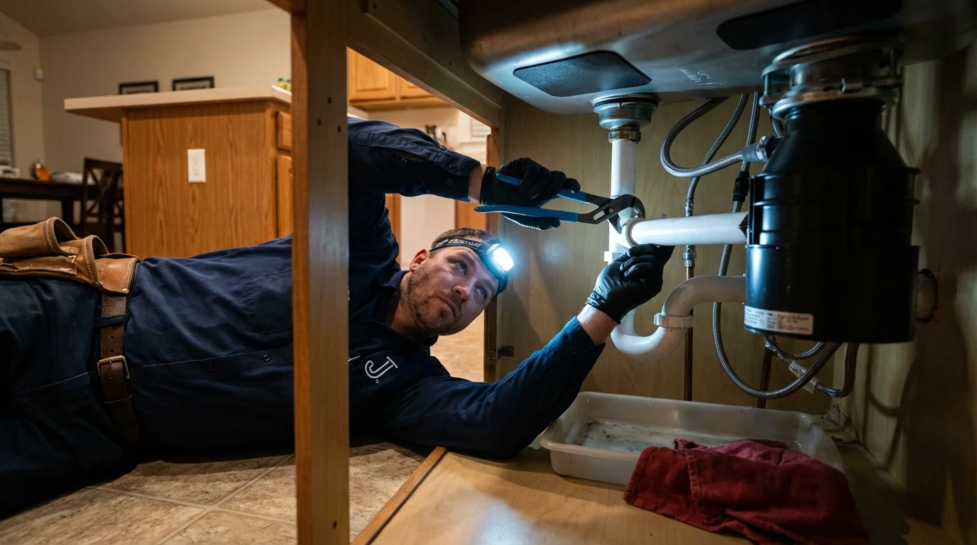 P-trap and supply line connections under a kitchen sink showing a common leak point in Twin Lakes, WI